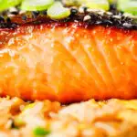 Close-up honey and miso glazed salmon garnished with sesame seeds and spring onions.