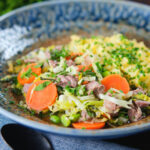 Hotch potch soup or stew with lamb and vegetables served with clapshot.