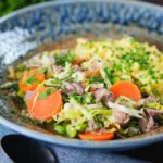 Hotch potch soup or stew with lamb and vegetables served with clapshot.