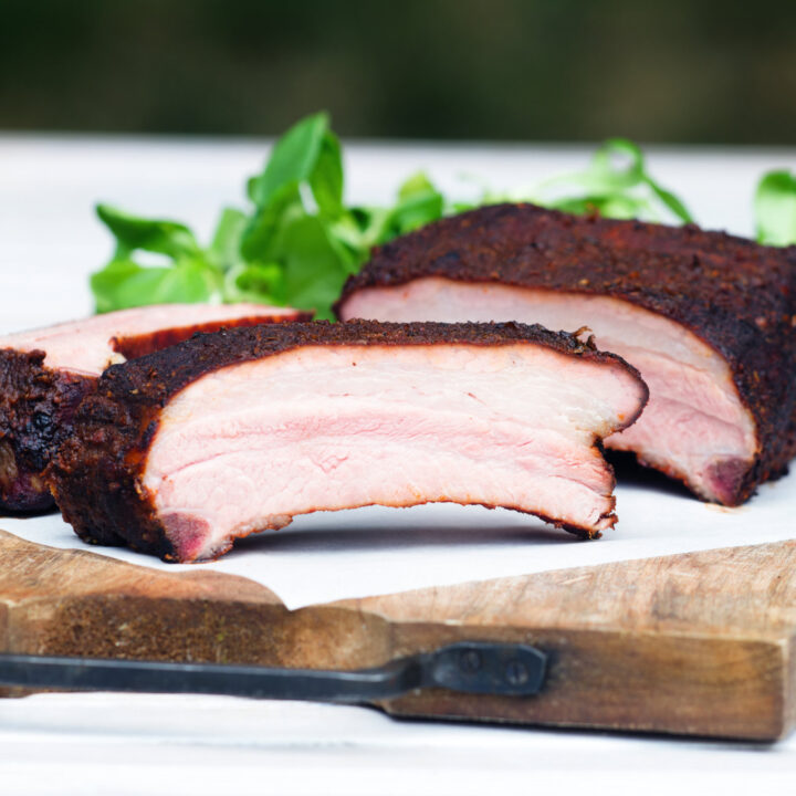 Slowly smoked meaty BBQ pork ribs.