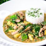 Easy Thai green chicken curry with mangetout and baby corn.