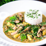 Easy Thai green chicken curry with mangetout and baby corn.