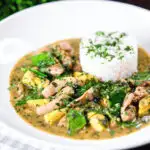 Easy Thai green chicken curry with mangetout and baby corn.