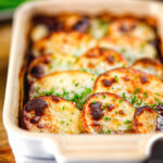 Close-up individual vegan mushroom hotpot topped with potatoes (Lancashire) style.