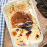 Overhead oven baked British rice pudding for two people.