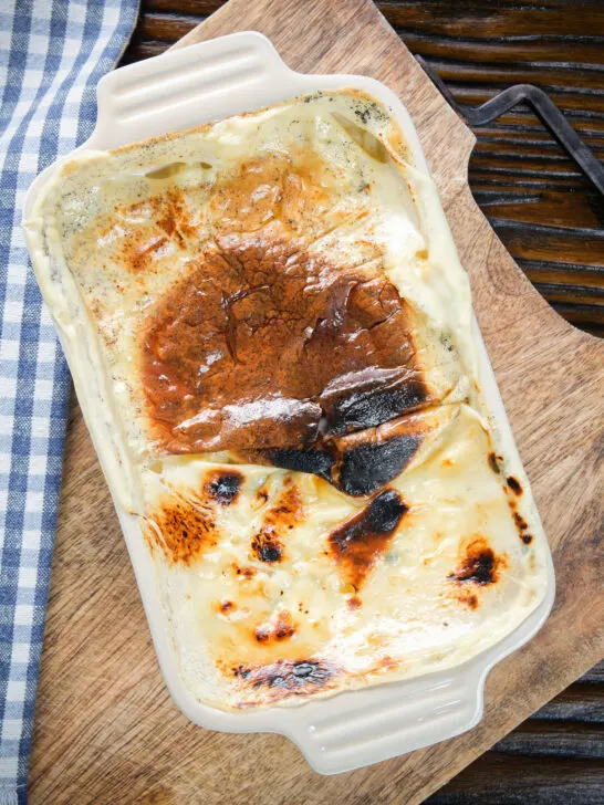 Overhead oven baked British rice pudding for two people.