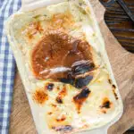 Overhead oven baked British rice pudding for two people.