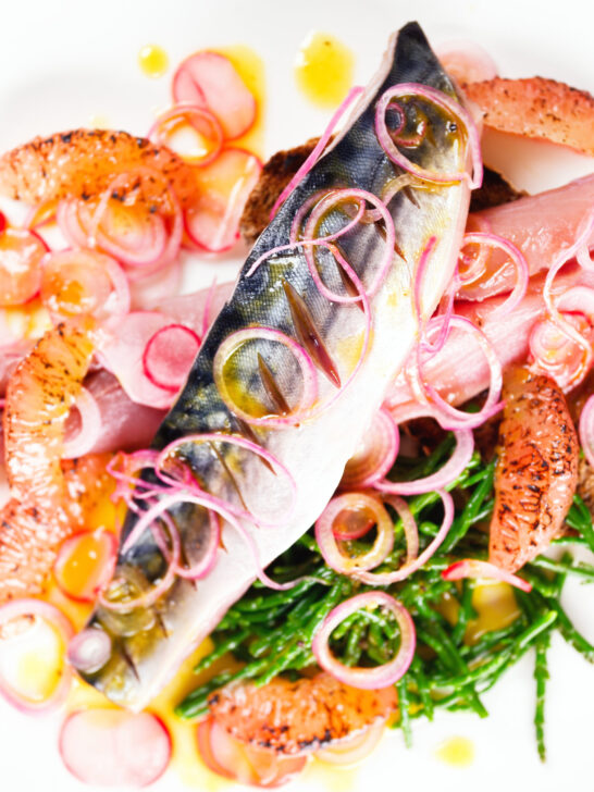 Close-up overhead salt cured mackerel fillet salad with grapefruit, samphire and toasted rye bread.