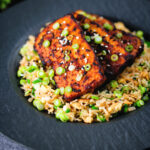 Honey and miso glazed tofu served with egg fried rice.