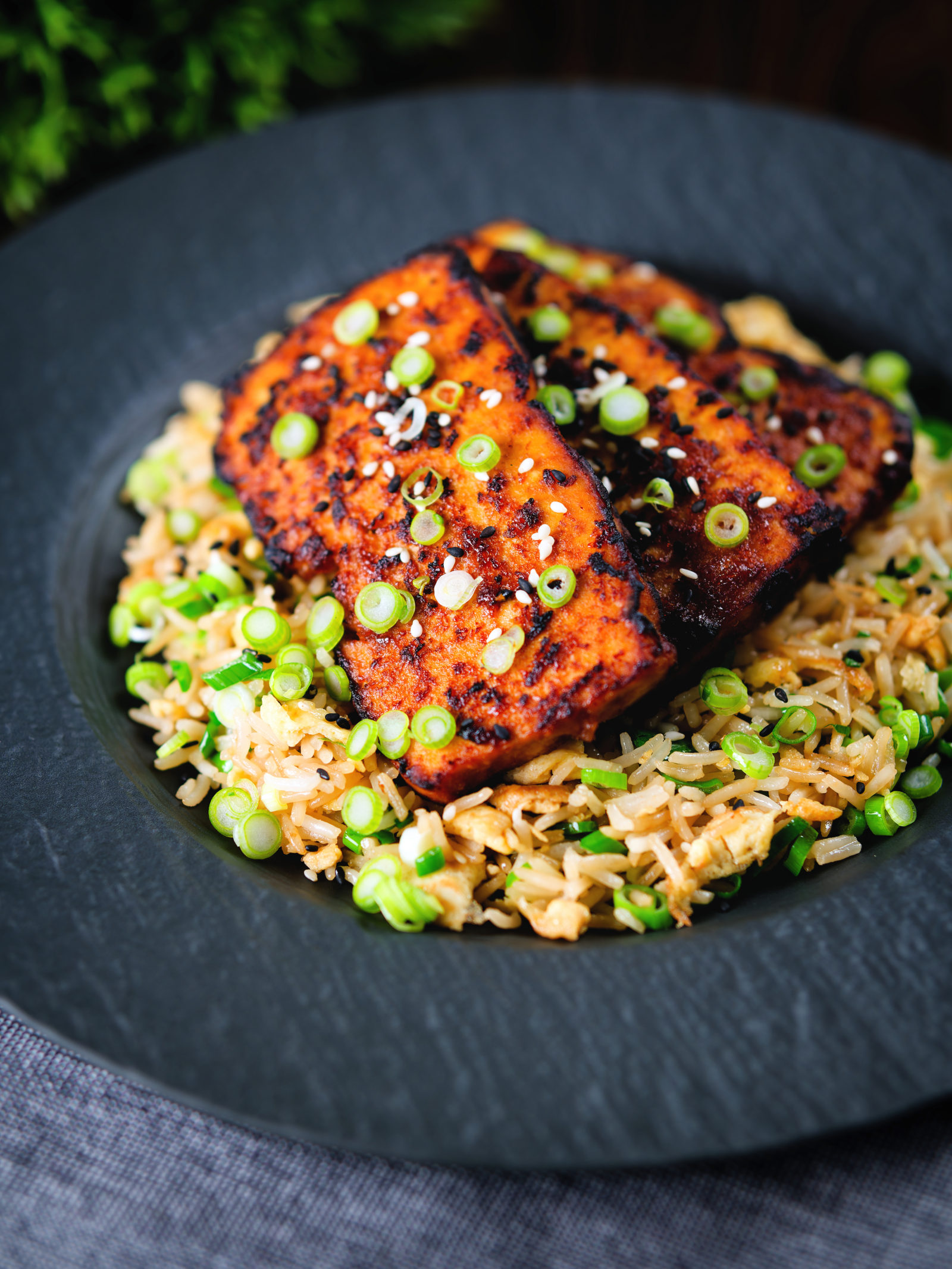 Honey and miso glazed tofu served with egg fried rice.