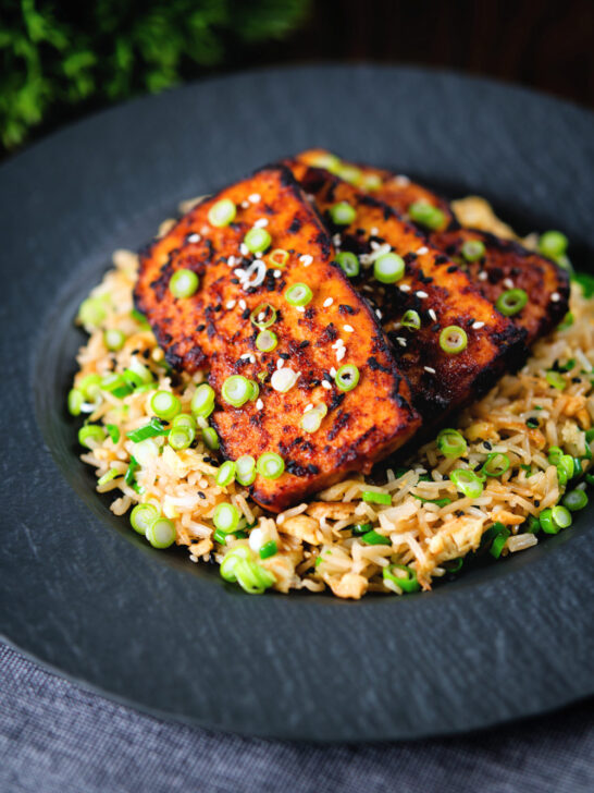 Honey and miso glazed tofu served with egg fried rice.