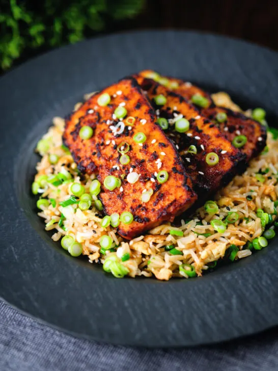 Honey and miso glazed tofu served with egg fried rice.