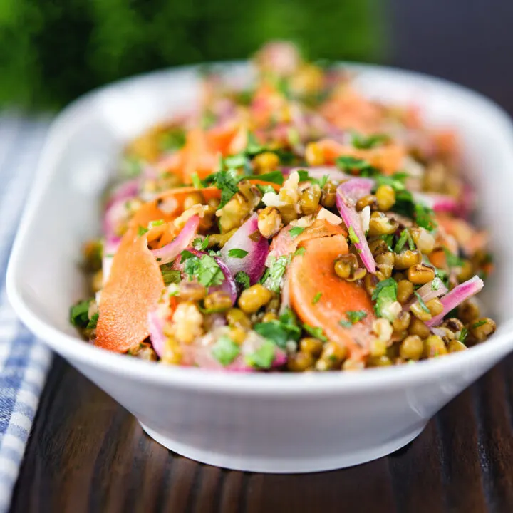 Mung (adzuki or moong) bean salad with Indian flavours & pickled carrot and red onion.