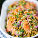 Mung bean salad with Indian flavours & pickled carrot and red onion.