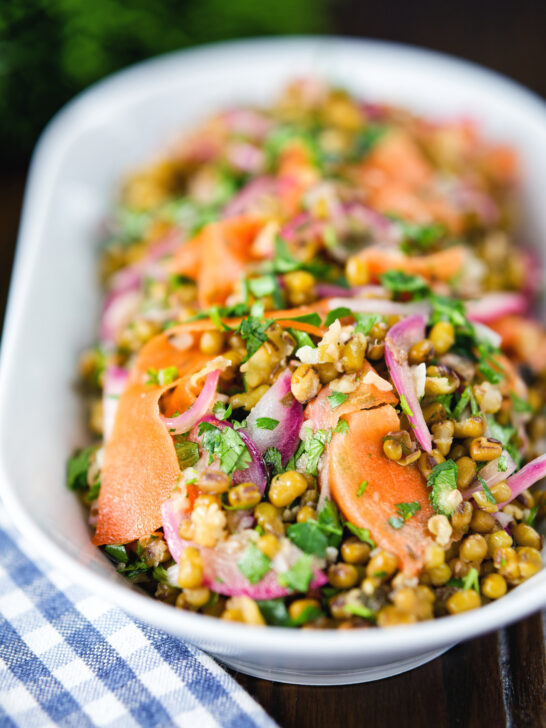 Mung bean salad with Indian flavours & pickled carrot and red onion.