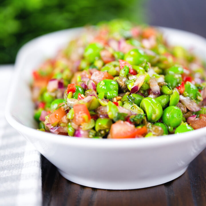 Minted pea salsa or salad with capers, chilli and balsamic vinegar.