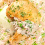 Overhead close-up chicken Normandy in a cider and mustard sauce served with creamy mashed potatoes.