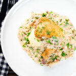 Overhead chicken Normandy in a cider and mustard sauce served with creamy mashed potatoes.