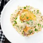Overhead chicken Normandy in a cider and mustard sauce served with creamy mashed potatoes.