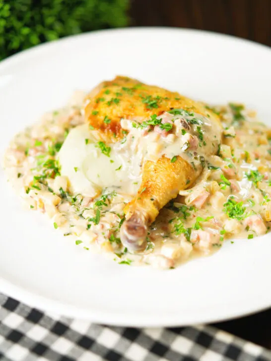 Chicken Normandy in a cider and mustard sauce served with creamy mashed potatoes.