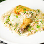 Chicken Normandy in a cider and mustard sauce served with creamy mashed potatoes.