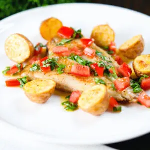 On-the-bone pan fried brill served with sauce vierge and fried potatoes.