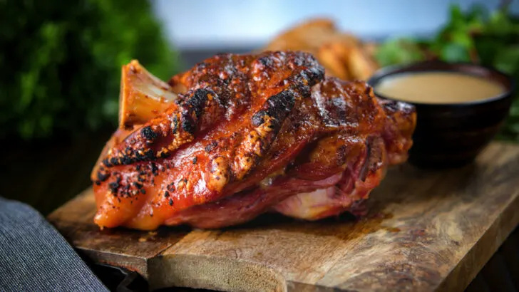 Crispy roast honey and mustard ham hock with cider sauce.