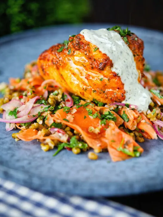 Tandoori cod fish with raita and a mung bean salad.