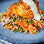 Tandoori cod fish with raita and a mung bean salad.