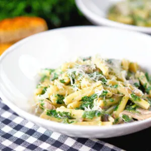 Creamy spinach and mushroom casarecce pasta served with garlic ciabatta bread.