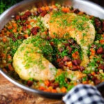 Spanish-influenced baked chicken and chorizo rice in a cooking pan.