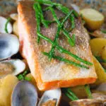Close-up pan fried sea trout fillet with clams, new potatoes and fresh samphire.