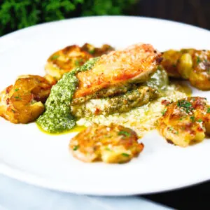 Baked pesto and mozzarella stuffed chicken breast with roasted crushed new potatoes.