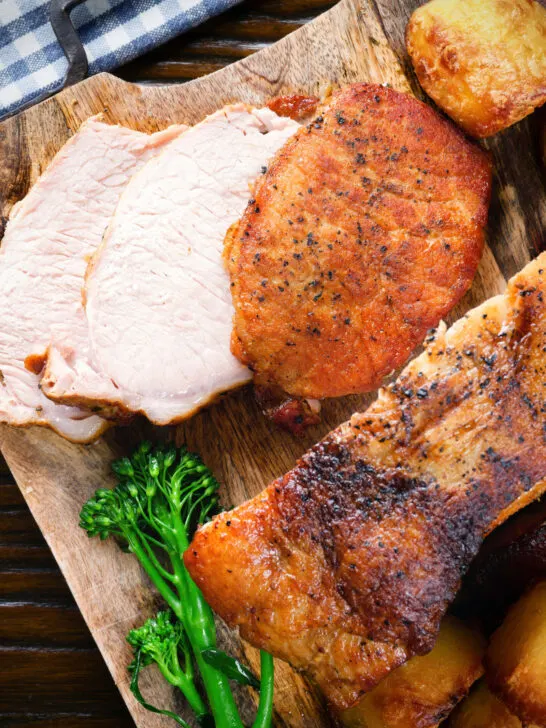 Overhead close-up carved slow cooker (Crockpot) pork loin.