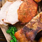 Overhead close-up carved slow cooker (Crockpot) pork loin.