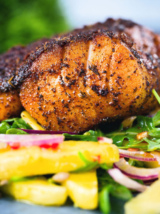 Close-up pan-fried Cajun Blackened cod fish served with mango salad.