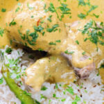 Overhead close-up chicken drumstick rezala curry serve with jeera (cumin) rice.