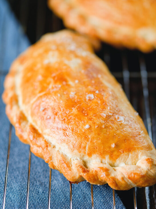 Homemade corned beef, onion and potato pasty made with shortcrust pastry.