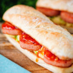 Spam, scrambled egg and spring onion sandwich with sweet chilli sauce.