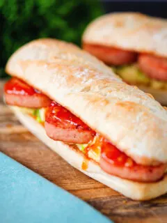 Spam, scrambled egg and spring onion sandwich with sweet chilli sauce.