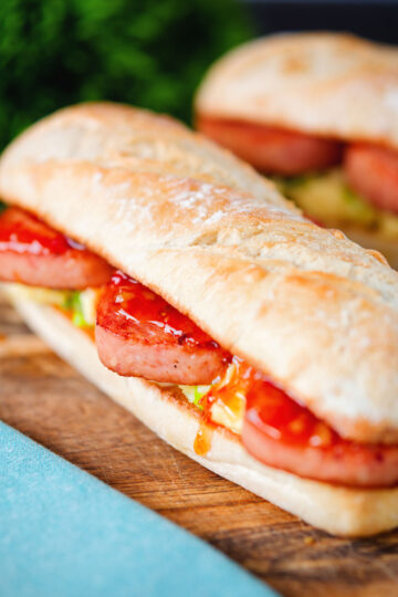 Spam, scrambled egg and spring onion sandwich with sweet chilli sauce.
