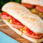 Spam, scrambled egg and spring onion sandwich with sweet chilli sauce.