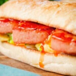 Spam, scrambled egg and spring onion sandwich served with Thai sweet chilli sauce.