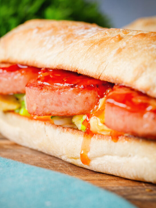 Spam, scrambled egg and spring onion sandwich served with Thai sweet chilli sauce.