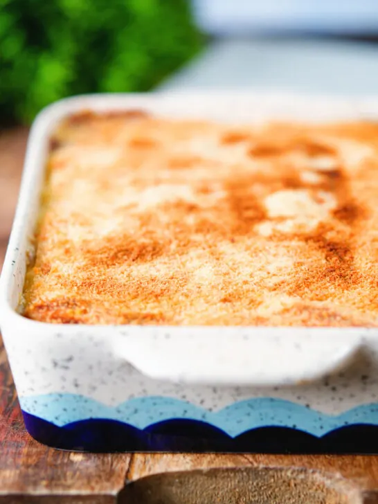 Breadcrumb topped Hachis Parmentier in a baking dish.