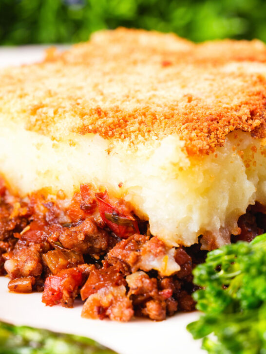 Close-up French Hachis Parmentier with a mashed potato & breadcrumb topping.