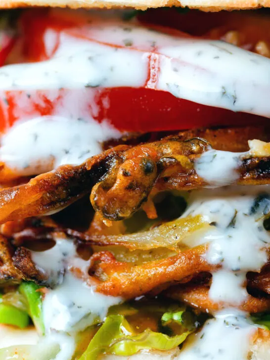 Close-up bhaji burger or butty with lettuce, tomato, red onion and a mint raita style sauce.