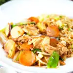 Homemade Chinese chicken chop suey fakeaway served with egg fried rice.