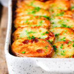 Minced beef and potato hotpot served in a baking dish.