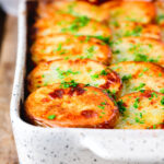 Minced beef and potato hotpot served in a baking dish.